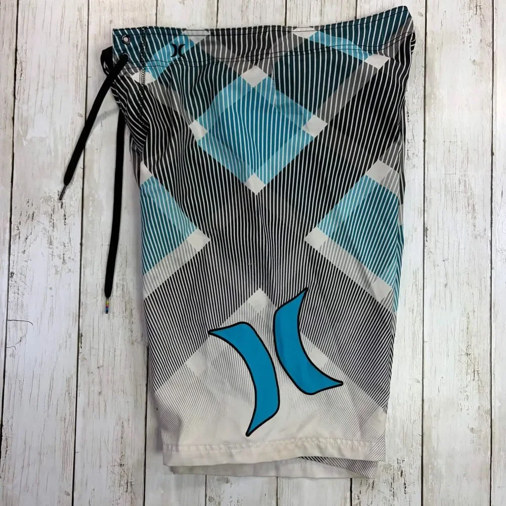 Y2K  Hurley Mens Board Shorts Medium Black Blue Geometric Print Surf Swim Trunks